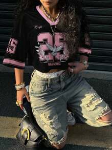 Slaydiva 女士休闲 V 领宽松短款 5/8 袖网眼 T 恤，适合夏季运动比赛，25 号印花，撞色饰边，拼色 - 彩色 - 查看 1