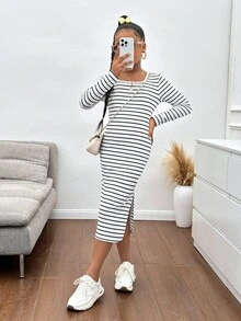 青少年女孩条纹长袖针织贴身中长连衣裙，休闲时尚百搭街头服饰 - 黑與白 - 查看 4