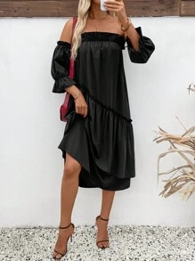 SHEIN LUNE Black Off Shoulder Elastic Ruffle Hem Casual Dress For Women - Black - View 3