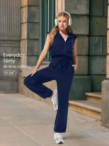 GLOWMODE 24" Everyday Terry Glow Hero Soft Sweat-Wicking Front Zipper Adjustable Drawstring Waist Back Pockets Ribbed Hem Hoodie Jumpsuit - Navy Blue - View 1