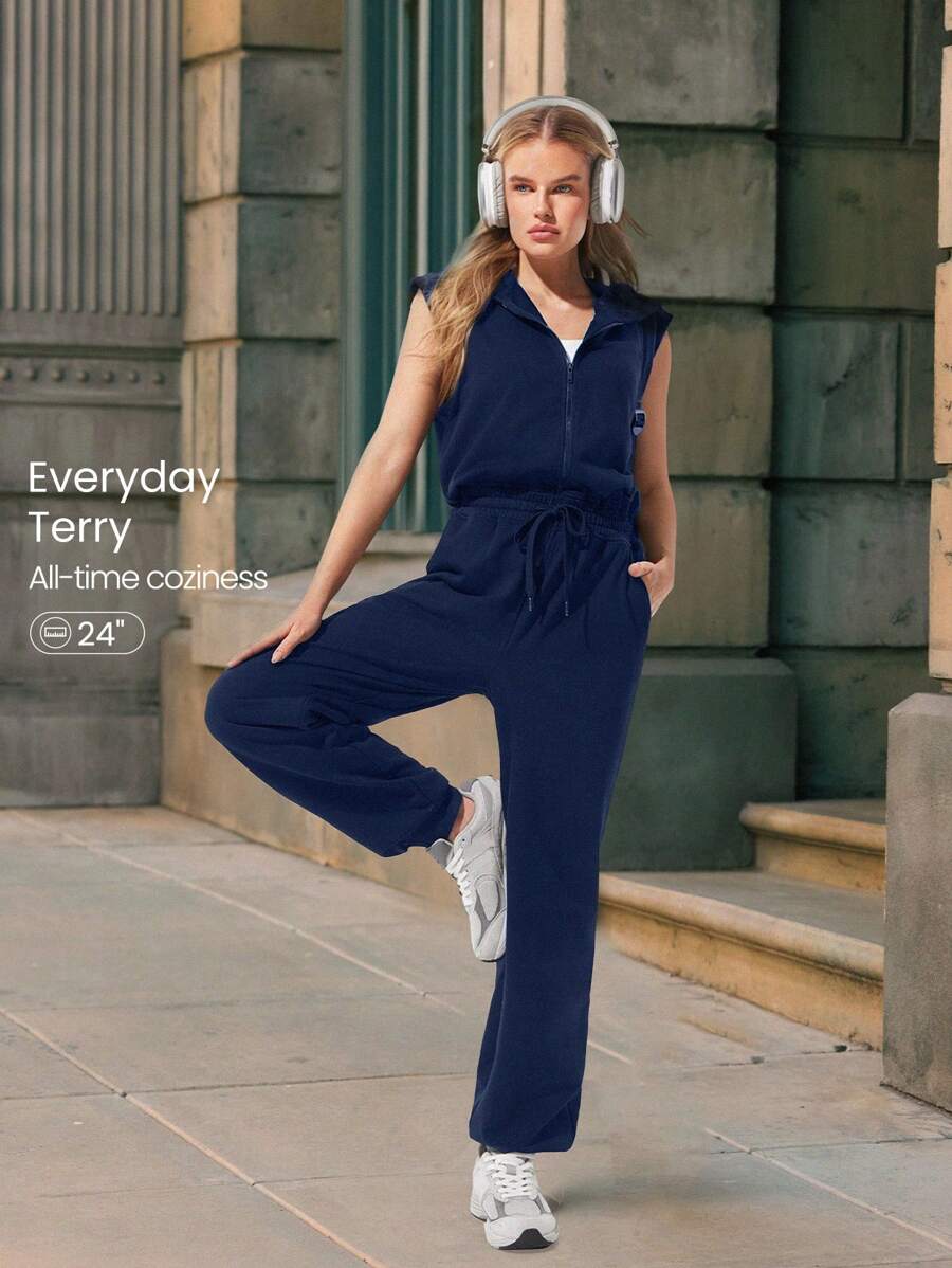 GLOWMODE 24" Everyday Terry Glow Hero Soft Sweat-Wicking Front Zipper Adjustable Drawstring Waist Back Pockets Ribbed Hem Hoodie Jumpsuit - Navy Blue - View 1