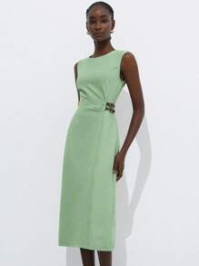 Aveloria Modichic Beige Twill Crew Neck Sleeveless Minimalist High-End Design Waist Pleated Design With Leather Belt Decor Commuter Casual Versatile Vintage Style Women Long Dress