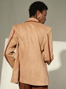 Aveloria Modichic Áo khoác blazer rộng rãi bằng nhung hươu và da giả có ve vá dành cho nữ - Màu Khaki - Xem 2