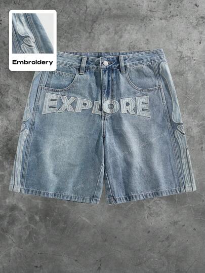 Street Life Men's Casual Letter Embroidered Denim Shorts