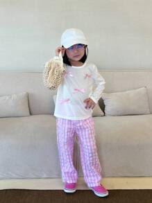 SHEIN Conjunto de camiseta de manga larga de cuello redondo simple y de moda con pantalones casuales y versátiles para niñas en otoño, adecuado para el ocio en casa, reuniones familiares o uso diario - Multicolor - Ver 6