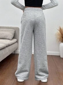 SHEIN 青少年女孩宽松花卉印花运动裤，带丝带，休闲时尚，适合日常穿着 - 灰色 - 查看 5