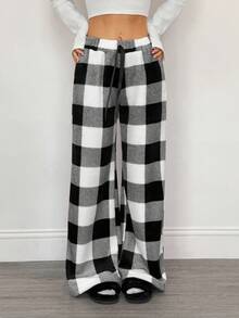 SHEIN PETITE Women's Tie-Waist Fluffy Plaid Print Casual Wide Leg Baggy Pants Black And White Plaid Lounge Pants,Fall Clothes For Women, Going Out Bottoms,Elegant,Civil Wedding,Wedding Guest , Party,Home, Leisure, Comfort Upgrade,Striped Design,Check ,Sporty, Multifunctional