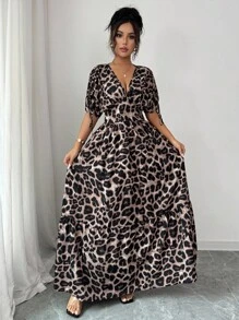 Elenzga Women's V-Neck Cinched Waist Leopard Print Flared Mid-Sleeve Long Dress - Khaki - View 6