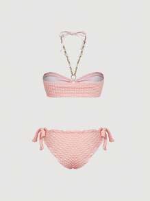 SHEIN MOD 贝壳装饰露背吊带上衣，荷叶边饰有蝴蝶结，泡泡雪纺三角泳裤，两件套比基尼，可爱，卡哇伊 - 淺粉色 - 查看 2