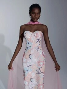 Elitara Elegant And Gorgeous Multi-Colored Sequin Embroidery And Mesh Movable Ribbon Strapless Back Slit Long Formal Evening Dress For Women - Multicolor - View 1