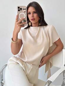 Firerie 女士优雅端庄精致浪漫通勤日常度假褶皱不对称短袖府绸修身衬衫，夏季 - 杏色 - 查看 5