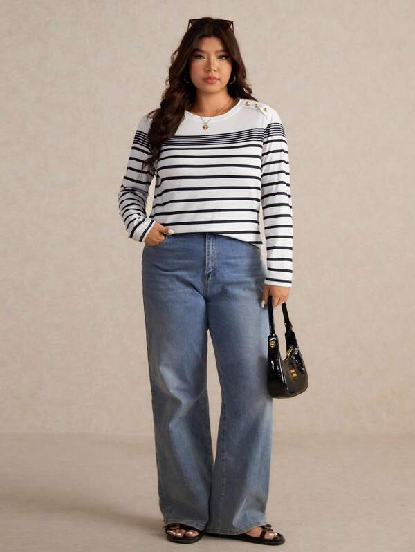 Elaquor Camiseta casual de manga larga con diseño de botones en el hombro y rayas para mujer de talla grande