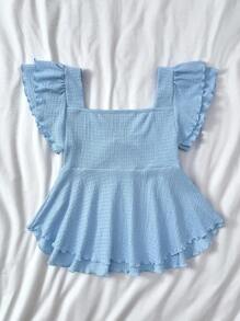 SHEIN 少女夏日阳光甜美休闲舒适荷叶边袖提花针织T恤，家居服，少女装，情人节，适合派对 - 淺藍色 - 查看 2