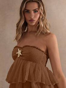 Glamine Women's Summer Solid Color Strapless Starfish Decor Cake Mini Dress - Brown - View 6