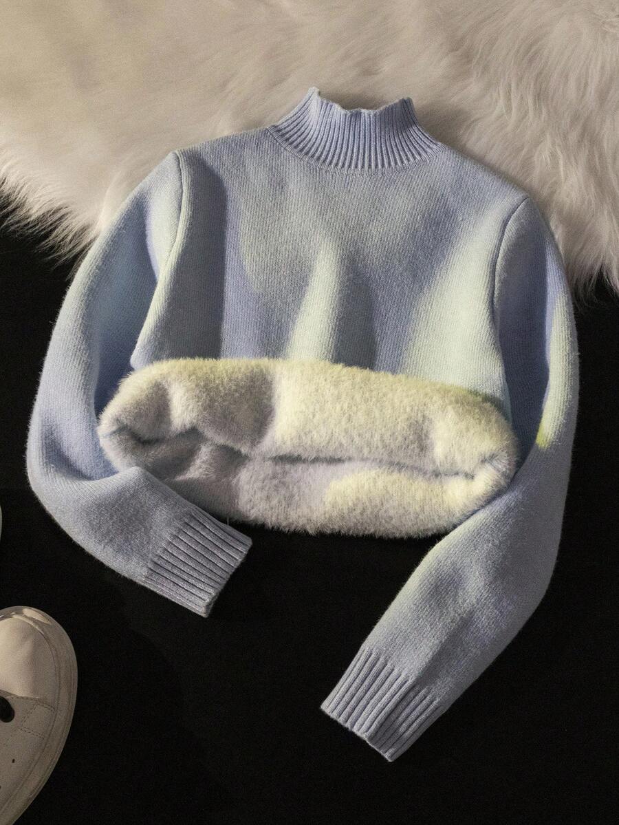 SHEIN Tween Boy Solid Color Stand Collar Long Sleeve Casual Fleece Sweater, Winter Fall - Baby Blue - View 1