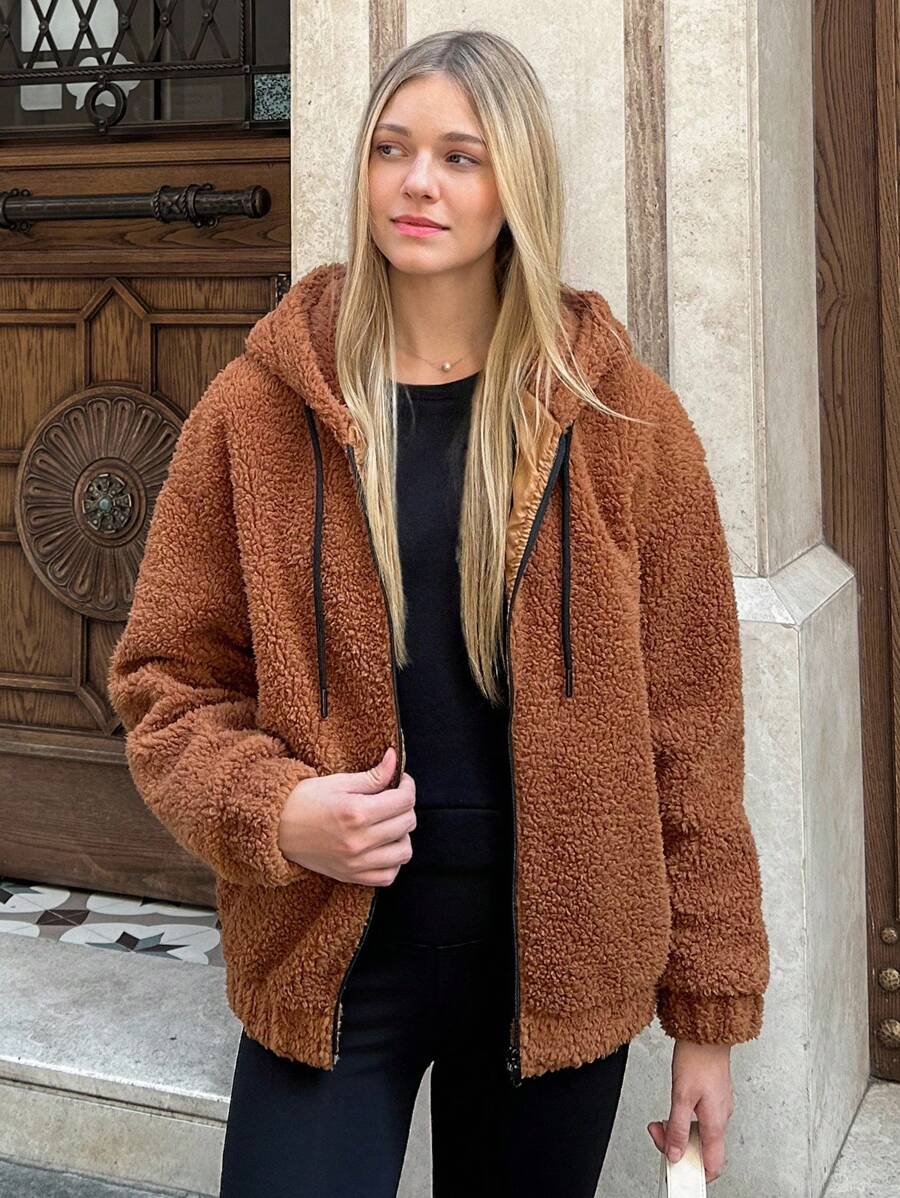 EURMUSE Sherpa Fleece Jacket With Front Zipper Closure, Black Trim Detail On Collar, Warm And Cozy Casual Outerwear Brown Teddy Jacket Brown Sherpa Jacket Teddy Hoodie Sherpa Hoodie Womens Brown Jacket - Camel - View 1
