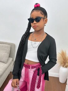 SHEIN Tween Girls Knitted Cardigan, Mid-Length, Casual, Fashionable, Versatile, Suitable For Daily Wear,In Fall/Winter - Black - View 4