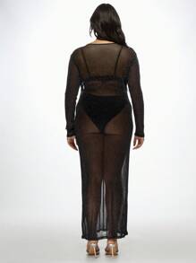 MISSGUIDED PLUS Sheer Mesh Glitter Maxi Cover Up Long Sleeve Plus Size Party Evening Dress Overlay See Through Sparkle Club Gown Beach Resort Wear - Black - View 2