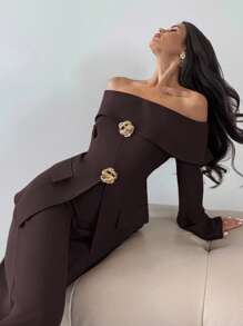 Firerie Women New Autumn And Winter Back Strap Retro Brown One-Shoulder Suit Jacket And Versatile Trousers Suit Two-Piece Suit Sets,Graduation,Teacher Outfits For Women,/Fall Women Clothes/Business Casual Woman/Teacher/Back To School/Old Money/Vintage Clothes Women/Off Shoulder Top And Pants Commuter Suit One Shoulder Suit Office Style Suit  Office Outfits For Women Business Casual Suit