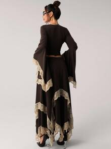 SHEIN ICON 2 件秋季西部波西米亚风棕色喇叭袖女式撞色长袖短款上衣和迷你裙套装 - 棕色 - 查看 2