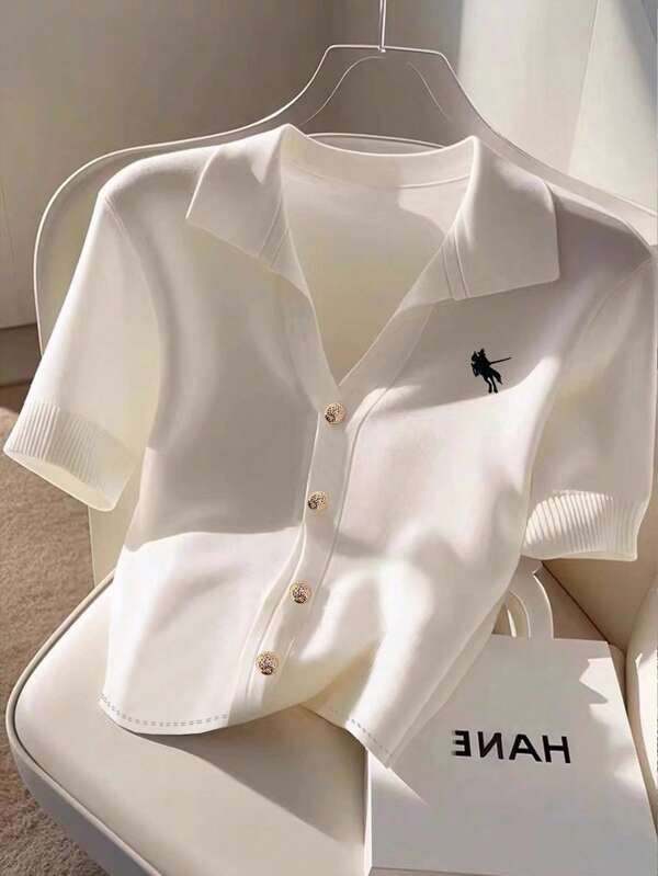 INAWLY Women's Casual Knight Embroidery Front Button Short Sleeve T-Shirt, Summer
