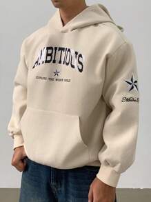 DAZY Men's Letter Print Hoodie, Casual Street Style, Autumn - Beige - View 4