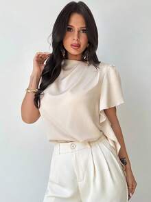 Firerie 女士优雅端庄精致浪漫通勤日常度假褶皱不对称短袖府绸修身衬衫，夏季 - 杏色 - 查看 1