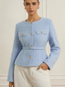 Revavyn Vải Tweed, Thắt lưng trang trí eo, Thiết kế thời trang đa năng thanh lịch và tinh tế cho áo khoác nữ - Màu xanh lam - Xem 4