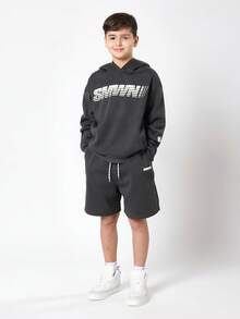 SUMWON Conjunto Esportivo Oversized Juvenil com Moletom com Capuz e Estampa de Slogan e Shorts Combinando, Conjunto Casual de Duas Peças para Primavera, Outono, Inverno - Chumbo - Visão 1