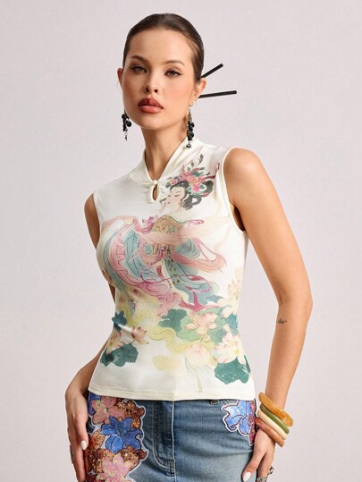 ROMWE Avant Eleganter Chinesischer Stil Figurenprint Slim Fit Trägerhemd, Sommer