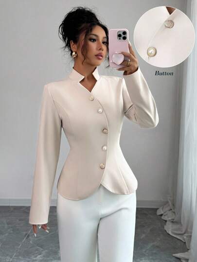 Elenzga 女士优雅纯色束腰西装外套