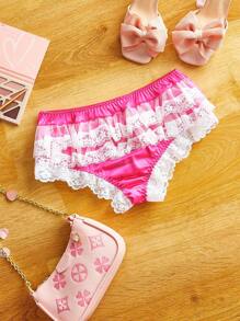 Pink Contrast Color Cute Coquette Multi-Layer Cake Ruffle, Floral Lace Pleated Trim, Bow Soft Wearable For Music Festival Women's Briefs Ruffle Panties