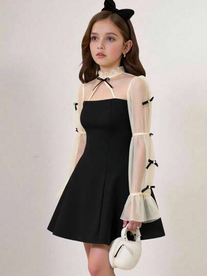 SHEIN Vestido elegante de color block blanco y negro con cuello en V, mangas con lazo y manga abullonada, estilo línea A, para niña preadolescente, de vuelta al colegio