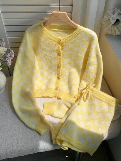 Comfortcana 女士秋冬休闲格子开衫和针织短裤两件套