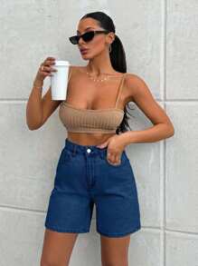 EURMUSE 100%Cotton LIGHT WASH HIGH WAIST SHORT - Dark Wash - View 4