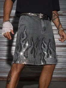 AXEPEAK 男士夏季时尚水钻装饰牛仔短裤，Emo 风格 - 灰色 - 查看 5
