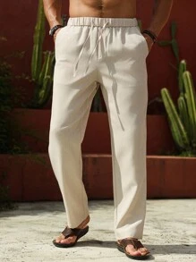 Manfinity RSRT Men's Business Casual Drawstring Waist Tapered Pants Men Linen Pants Men Linen Bottoms Men Drawstring Pants Cream Joggers Men Men White Linen Pants - Beige - View 6