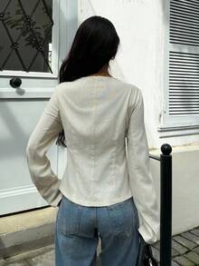 Siren Gaze 女式纯色修身 U 领亚麻休闲优雅夹克，双纽扣装饰，四季皆宜 - 杏色 - 查看 2