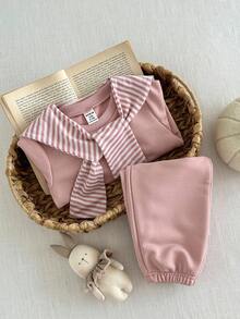 SHEIN 3pcs Baby Girl Infant Toddler Newborn 0-3 Years Old Autumn/Winter Fashion Versatile Outfits Set: Detachable Shawl + Long Sleeve Crew Neck Sweatshirt + Pants Fall