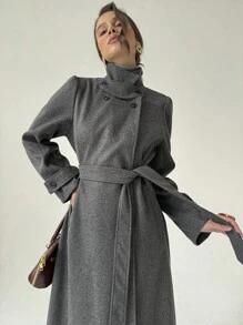 Aloruh 女士长袖系腰长款休闲宽松外套，秋冬款 - 杏色 - 查看 7