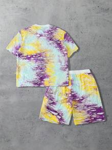 ROMWE MEN Casual Set de 2 piezas: Camiseta de manga corta con efecto teñido anudado y pantalón corto con cordón para hombre - Multicolor - Ver 2