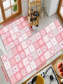 SHEIN 1pc Home Decor, Pink Floral Tile Print Boho Style Diatomite Kitchen Rug, Water-Absorbent, Anti-Slip, Stain-Resistant Kitchen Mat - Great For Farmhouse, Entryway, Indoor, Room Decor, Kitchen, Dining Room, Small Office/Home Office, Sink, Laundry Room