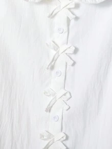 2 件套女童时尚可爱蝴蝶结装饰长袖衬衫和休闲编织格子裤套装 - 藍白色 - 查看 4
