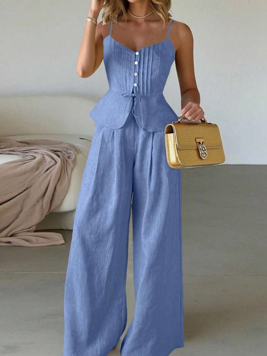 SHEIN LUNE 2件套白色休闲修身吊带背心和阔腿裤 - 藏蓝色 - 查看 1