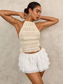 SHEIN Swim Women's Casual Solid Color Ruffle Hem Cover Up & Shorts Set - White - View 6