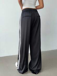 SHEIN BASICS 女式撞色蕾丝边阔腿裤 - 黑色 - 查看 2