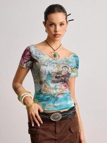 ROMWE Avant 中国风佛像印花露肩女式T恤