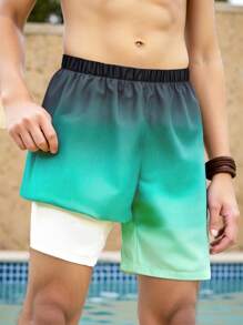 SHEIN Tween Boy Gradient Beach Shorts With 2 In 1 Swimwear - Blue - View 1