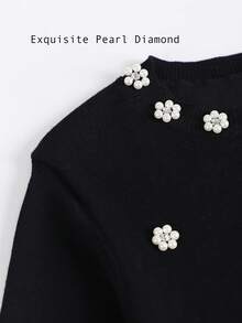 SHEIN Franclia 女式仿珍珠花朵装饰长袖单排扣针织开衫 - 黑色 - 查看 4