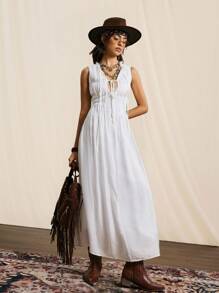 Easelle Vestido blanco de playa sin mangas, vestido blanco largo de verano, vestido blanco de verano, vestido blanco de playa con bolsillos asimétricos y dos hebillas tejidas en la cintura - Azul - Ver 5